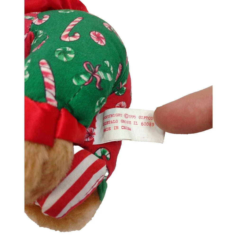Vintage 1995 Stuffed Mini Teddy Bear Clutching a Candy Cane by Giftco